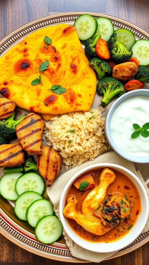 A traditional Indian thali with low-carb dishes including omelette, grilled chicken, fish curry, and cucumber slices.